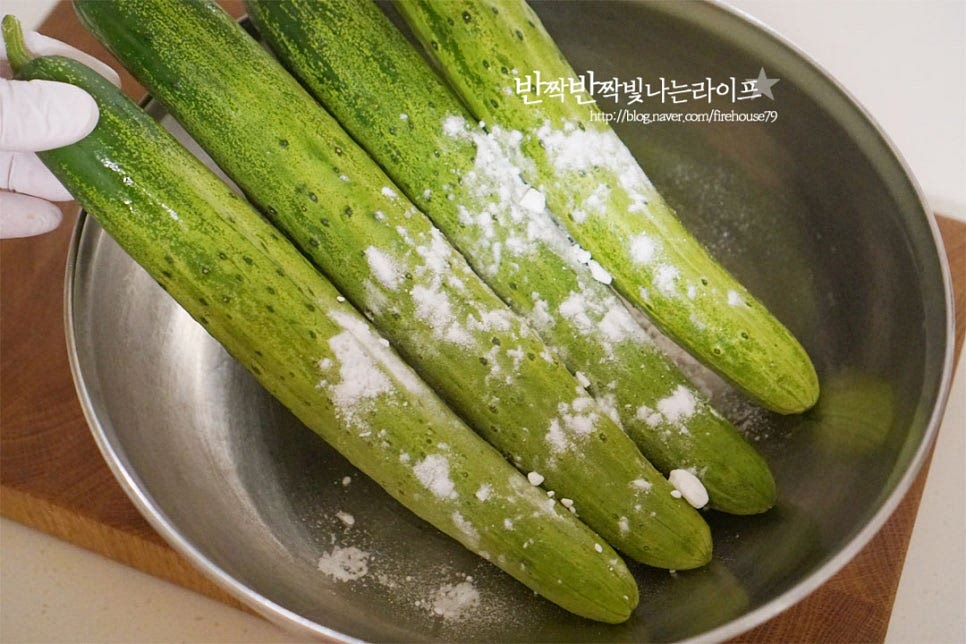 오이지를 만드는 것은 너무 굵지 않고 가늘고 일자로 긴 것이 좋습니다. 겉에 상처가 생기지 않게 세척해주는데요. 베이킹소다를 약간 푼 물에 가볍게 문질러 헹구어줍니다. 상처가 생기거나 무르지않게 손질해주면 되는데 면포를 활용해주셔도 좋고 저와 같이 손으로 문질러주셔도 됩니다. 세척 후 물기를 제거해주는 것도 중요합니다. 키친타월로 물기는 꼼꼼하게 제거했어요. 그래야 골마지없이 오래 보관할 수 있어요.