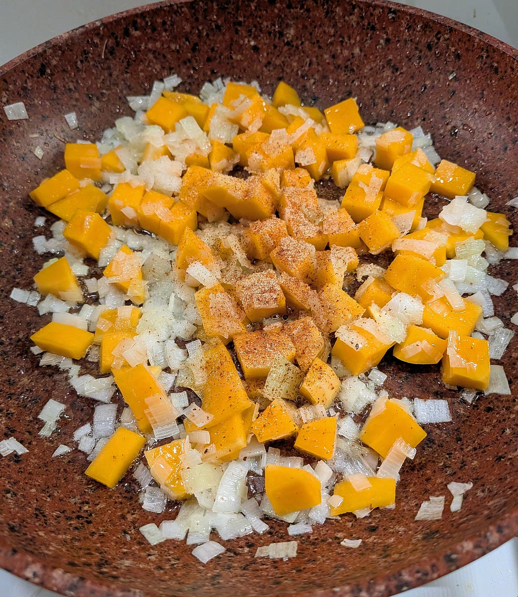 Add a pinch of nutmeg and the sprigs of rosemary, toss them while frying at medium heat for about a minute.