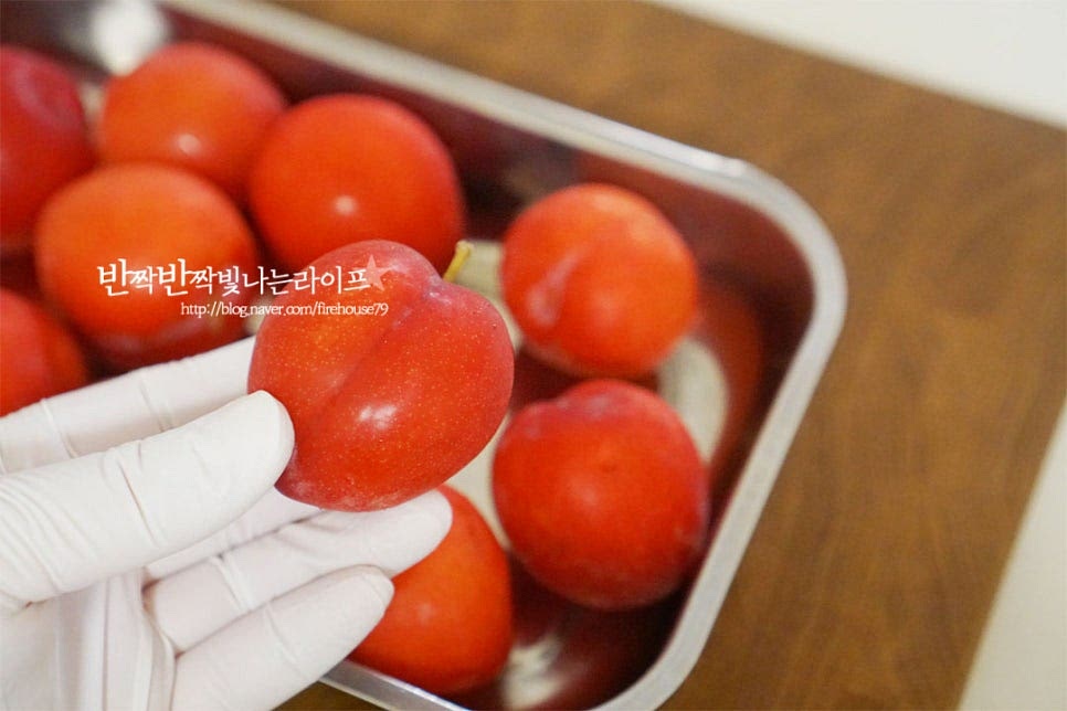준비한 자두는 껍질째 요리할 것이라 깨끗하게 세척해 줍니다. 베이킹소다로 문질러 물을 부어 담갔다 흐르는 물에 세척해 주세요. 베이킹소다 대신 식초를 넣어서 씻어도 좋습니다. 알알이 깨끗하게 헹구어 줍니다. 세척 후 키친타월로 물기를 꼼꼼하게 제거해요. 물기가 들어가면 곰팡이가 생기기 쉬우니 자두청은 물론 과일로 청을 담글 때 물기를 제거해 건조하는 것도 중요합니다.