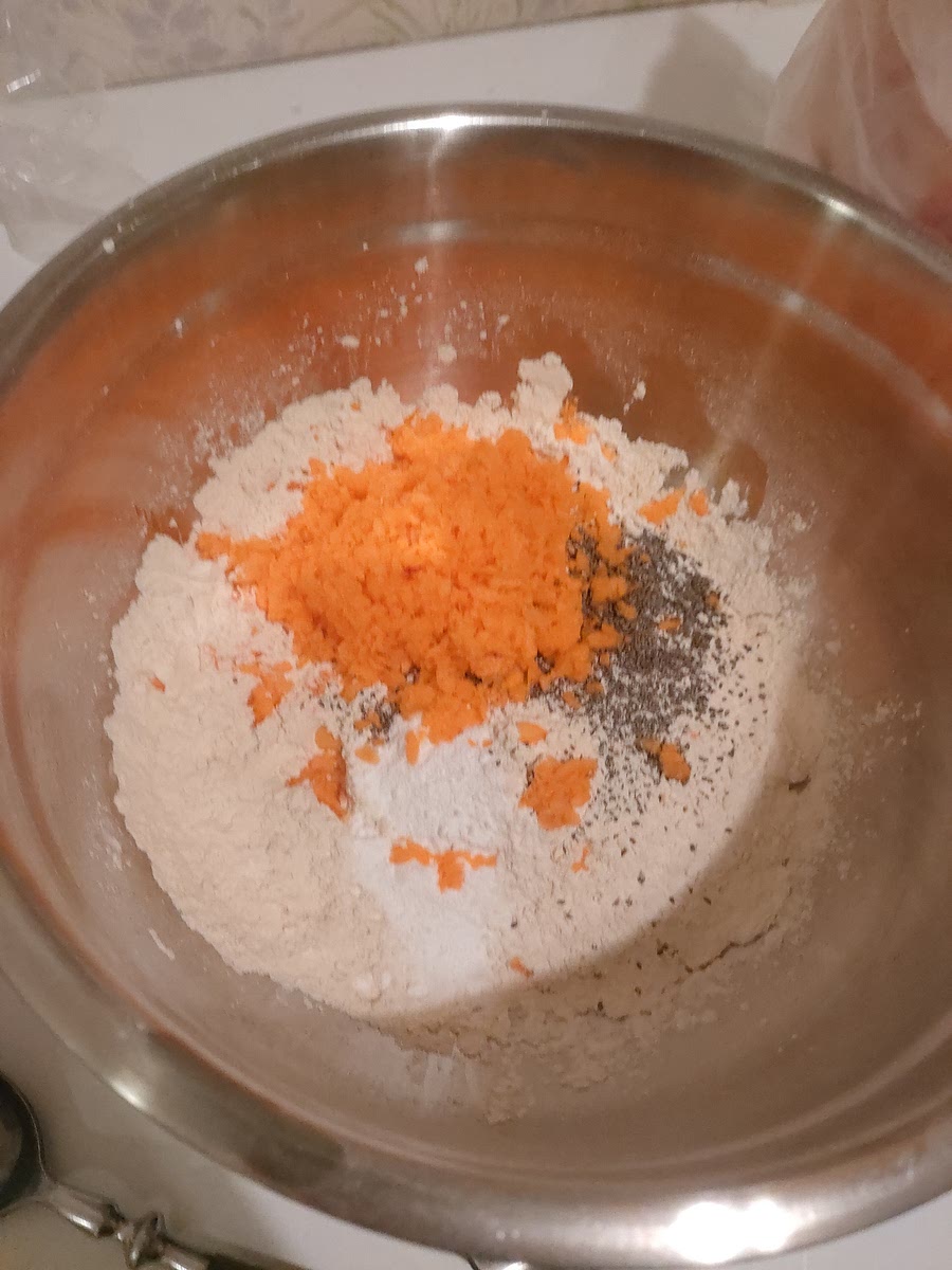 Add solid ingredients together and mix. Possibly carrots.