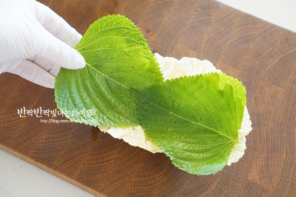 밀푀유라는 이름처럼 재료를 겹겹이 쌓아주는데요. 먼저 배춧잎을 깔고 그 위로 깻잎을 마주 보게 올려줍니다. 채소의 크기에 맞추어 올려주면 단면이 더 예쁩니다. 그 위로 소고기를 올려줍니다. 높이가 일정하게 만들어지도록 배추의 잎부분과 줄기를 엇갈리게 올려 5~6장 층층이 쌓아줍니다. 전골냄비의 높이에 맞추어 단면을 잘라줍니다. 저는 4등분으로 썰었습니다. 너무 크지 않아야 한입에 집어먹기 편해요.