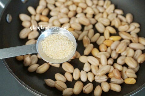 깊이가 있는 팬에 떫은맛을 제거하기 위해 전처리한 땅콩을 넣고 진간장 2 큰 술, 황설탕 2/3 큰 술 맛술 1 큰 술, 조청(물엿) 1 큰 술 다시마 육수 200ml를 넣어줍니다. 조청 또는 물엿은 먼저 조금 넣고 졸이다가 마지막에 넣고 수분을 날려 윤기나게 만들어 줄 것입니다. 양념재료를 잘 섞은 뒤 센 불로 끓입니다. 단맛은 입맛에 맞게 조절해 주세요. 센 불로 가열하다가 끓기 시작하면 중불로 낮추어 졸여줍니다. 중간중간 저어가며 조려주면 됩니다. 대략 10~15분 사이로 끓이다 보면 간이 스며들고 수분이 날아가면서 1 큰 술 정도로 자작하게 졸아들어 조림장이 남아요. 나머지 분량의 조청 1 큰 술을 넣어줍니다. 단맛에 따라 조금 넉넉하게 넣어도 좋습니다. 많이 넣으면 식었을 때 딱딱해질 수 있어요. 수분이 날아가면서 타기 쉬우니 살짝 저어가며 졸여줍니다. 마지막에 수분을 날려 볶아주면 먹는 내내 양념이 착 붙어있어요. 윤기가 나면서 농도가 진해지면 불을 끄고 참기름 1/2 큰 술, 통깨 약간 넣고 마무리 완성합니다. 열기를 식힌 뒤 반찬통에 담아 먹을 만큼 덜어서 먹음 됩니다.