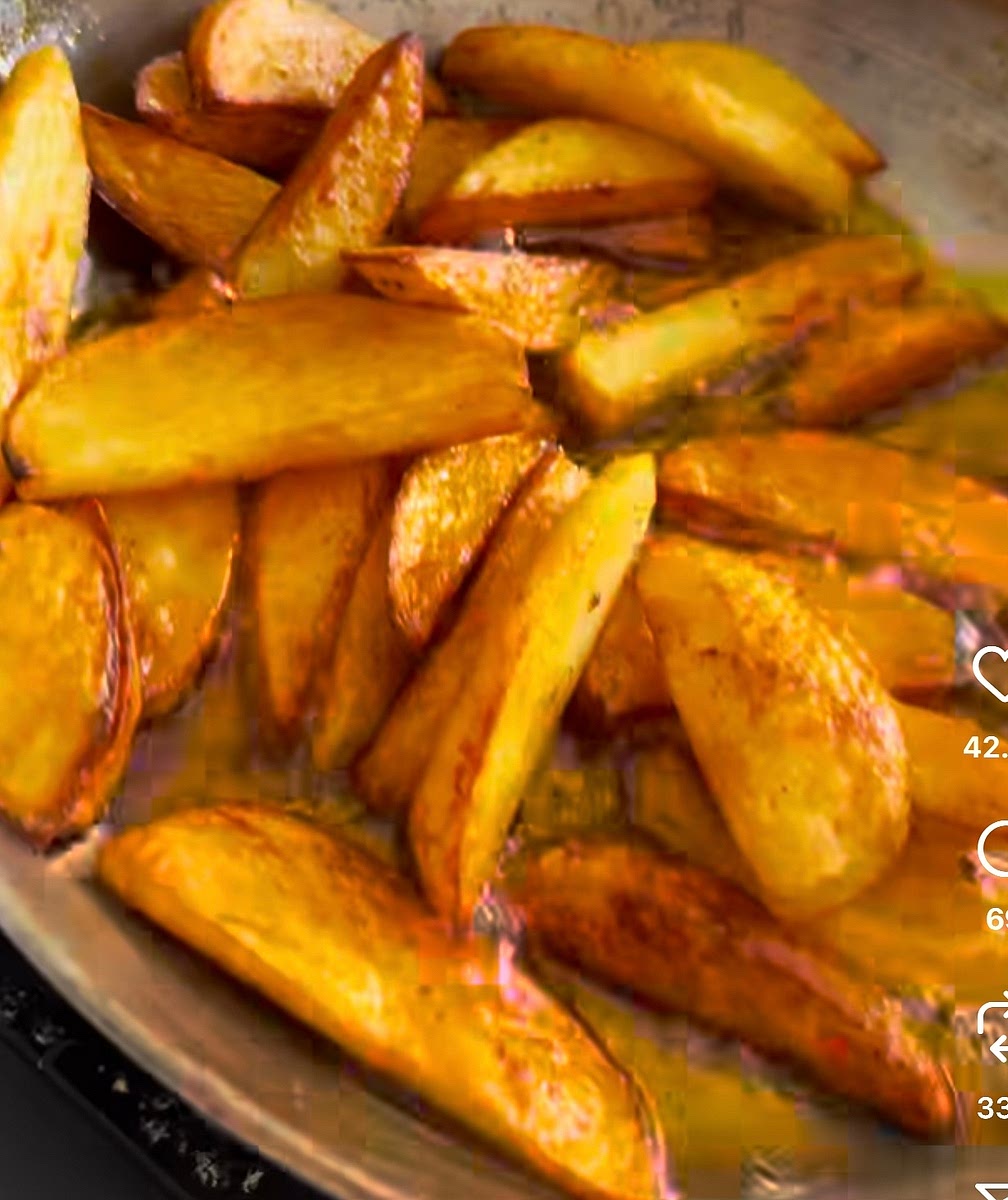 •	Meanwhile, fry the marinated potatoes until golden and soft.