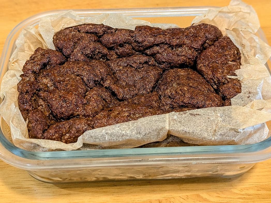 Bake at 350F for about 1 hour, or until a toothpick comes out very nearly clean, and the internal temperature is at least 205F