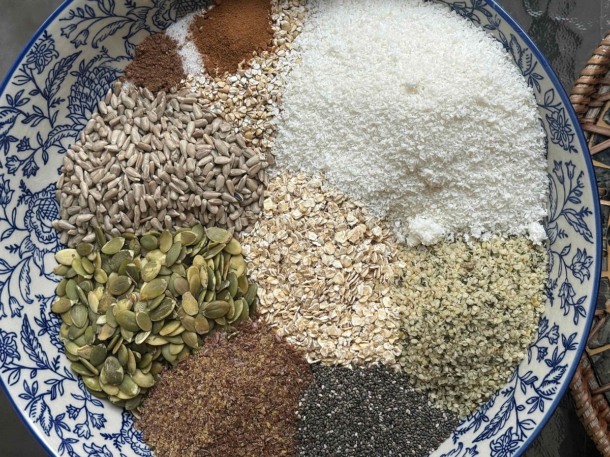 2.	In a large bowl, combine all dry ingredients and stir well.