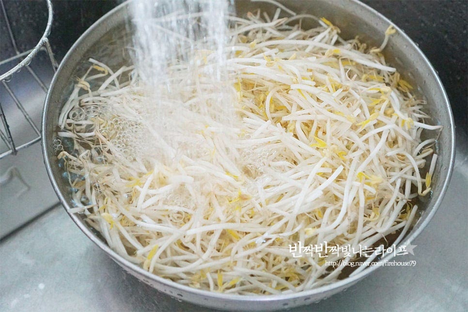 숙주는 상하거나 무른 것을 골라 다듬고 물에 넣고 살랑살랑 흔들어 씻어줍니다. 물기를 털어 준비해둡니다.