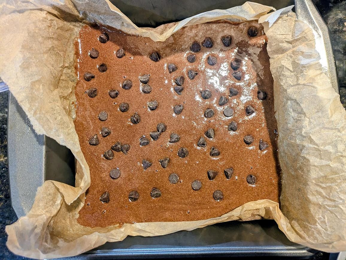 Pour the batter into your prepared pan, and top with chocolate chips