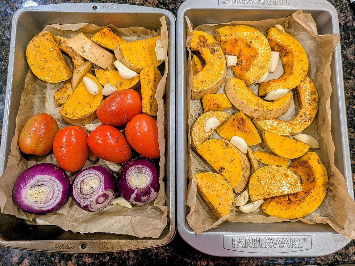 Add your veggies to the dish, and season with salt, pepper, and oil