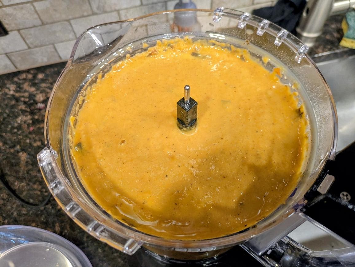Add your veggies to a blender or food processor, and blend until smooth, thinning out with water or broth. Season with turmeric, ginger, and cinnamon to taste, and blend in the yogurt