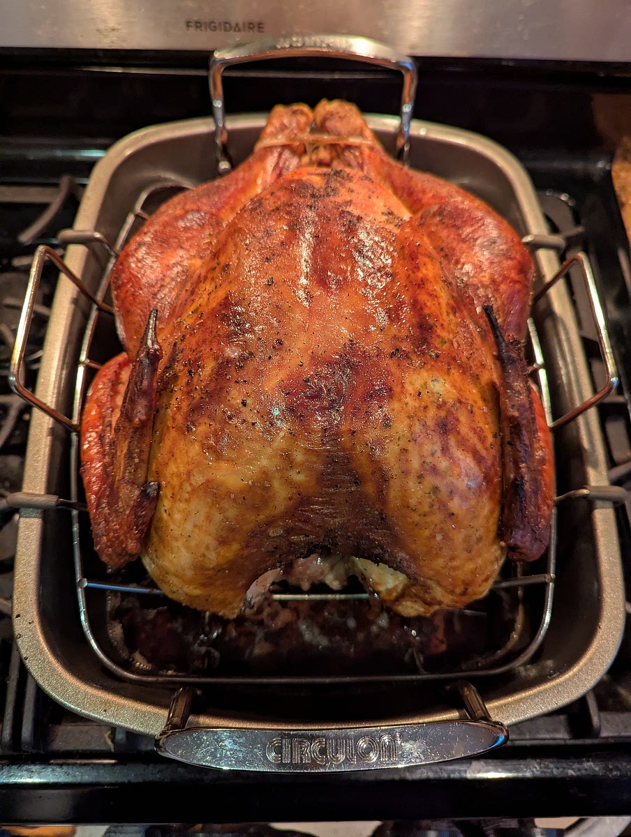 Resting & serving.
Once the turkey is at the proper internal temperatures (or a degree below), you may remove it from the oven & allow it to rest on top for 20-40 minutes before, breaking it down to serve how ever you see fit. (Although it doesn't need to be covered, I recommend loosely covering the turkey with foil, just to prevent anything from getting on the turkey while it rests & to deter passersby from picking all the skin off it, before It is ready to serve. & There you have it. One beautifully roasted turkey for your lover ones to enjoy.