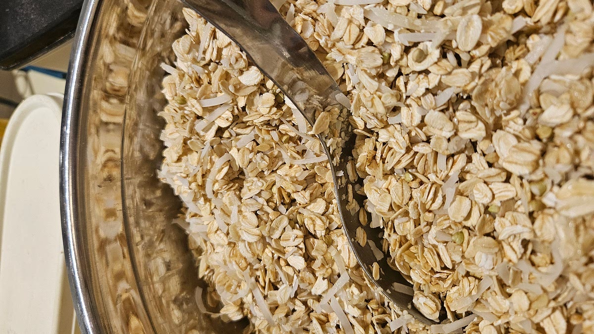 Spread half of mixture over lined baking tray. Bake 5 mins. Stir to prevent overcooking on edges. Bake 4- 5 min. Pour into second mixing bowl. Repeat with other half of mixture.