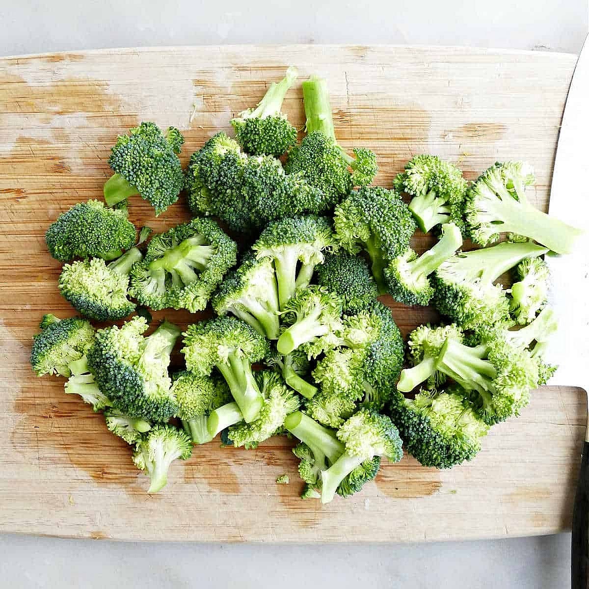 Chop 3 to 4 medium broccoli heads into bite sized pieces and set asside.