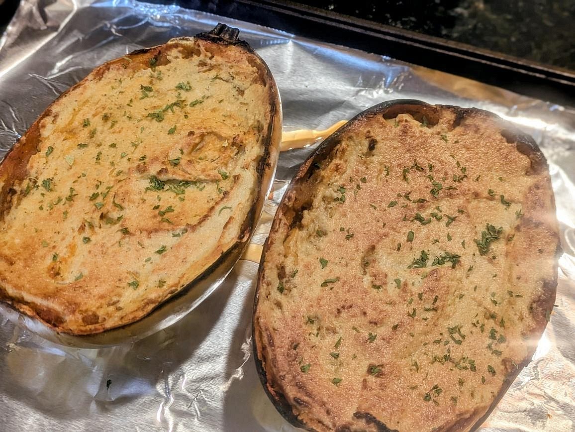 Broil the squash cut side up for about 5 minutes, or until the cheese is nicely browned. Keep a very close eye on it; the broiler can burn very quickly