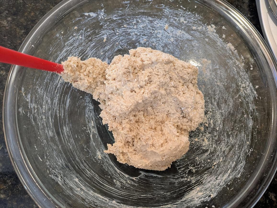 Switch to a silicone spatula, and mix in the oat flour until fully incorporated and you have a slightly sticky dough