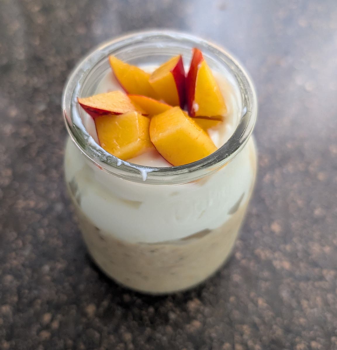 In the morning, for each portion transfer 1/3 of the mix into a small glass jar or ramekin, top with 1 tbsp Greek yogurt and 1/3 of the small nectarines cubes and serve. Enjoy!