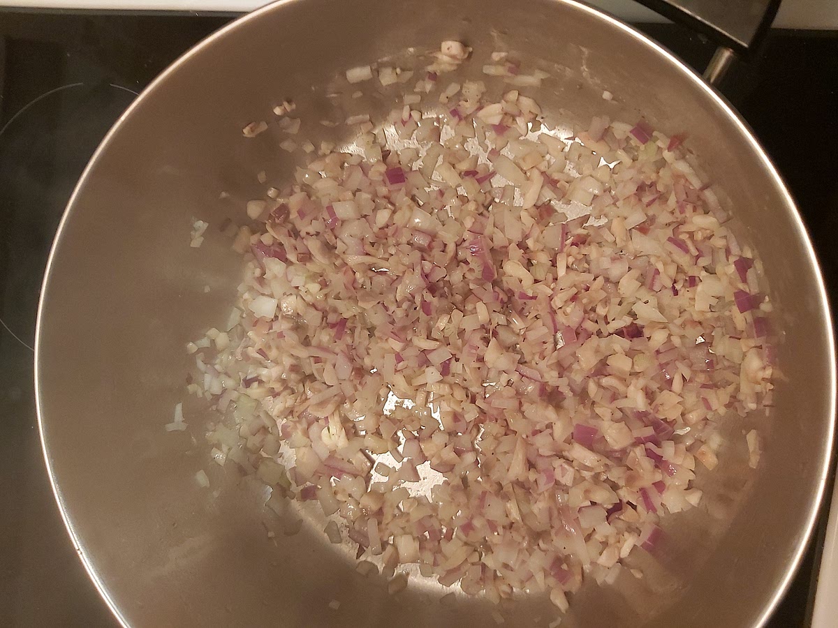 In a large pot melt the butter when melted sauté the onion, mushrooms and garlic about 5 minutes Season with salt and pepper