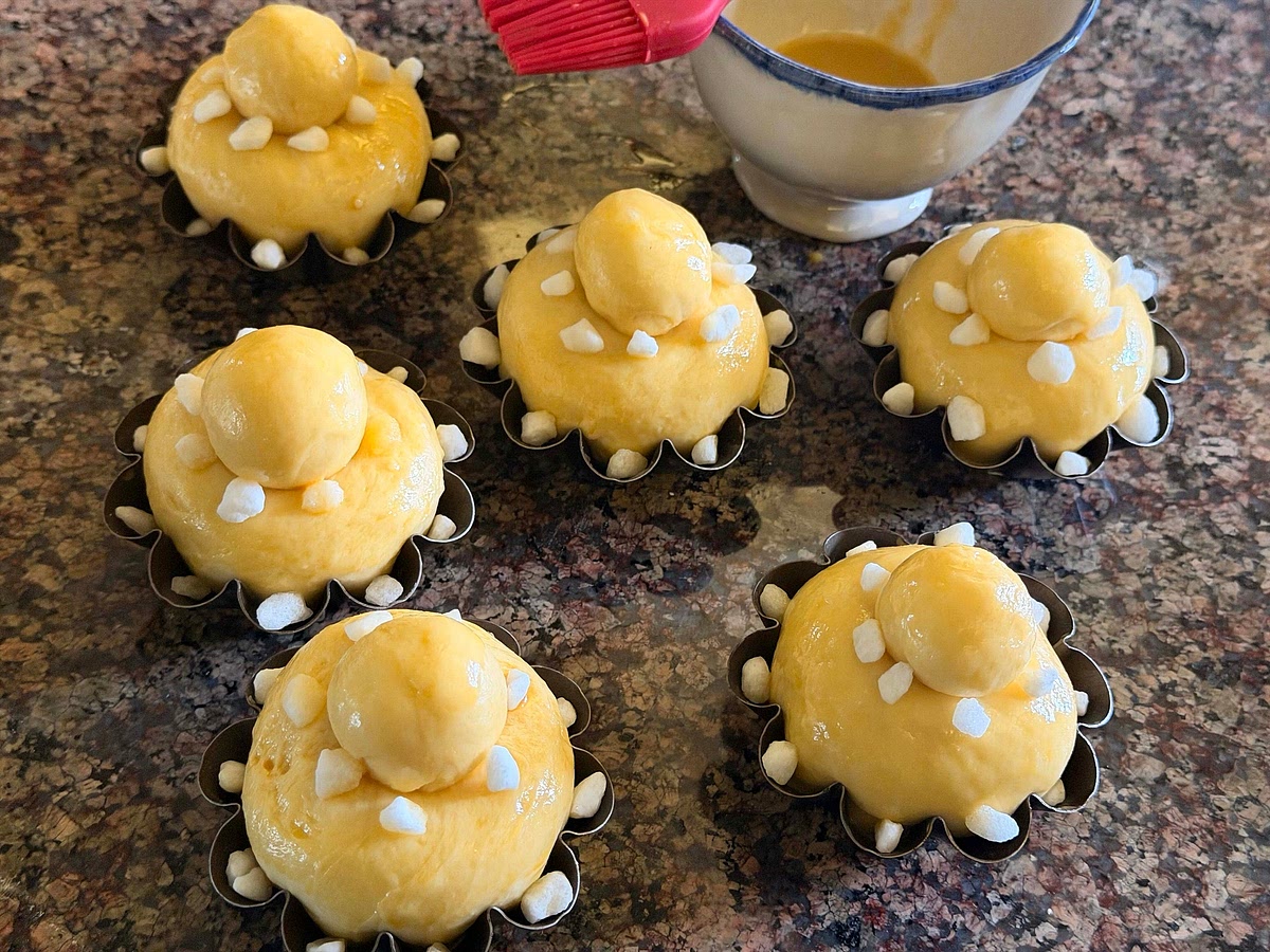 Brush the top gently with the egg wash (try not to let the egg drip down the sides, or the bread will stick to the pan).
