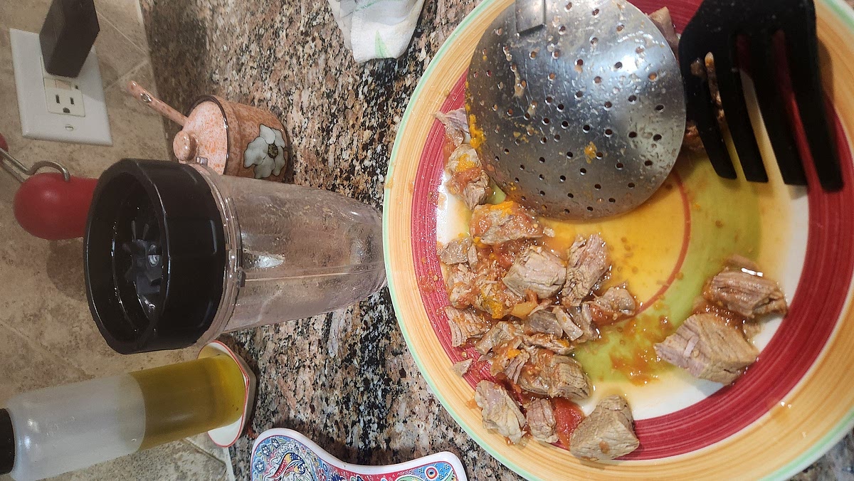 3. After 2 hours, add the fresh tomatoes in the bouillon. After 20 minutes take the tomato skins of the tomatoes and stir the tomatoes into the soup and let it simmer for another 2 hours.
4. After 4 hours, take out the tomato pieces from the soup and the meat / soup bone. In case you use the bone SAVE IT FOR THE DOGS
Separate the meat make it into small pieces and put the tomato bits in the blender. Return the tomato & meat back into the soup.