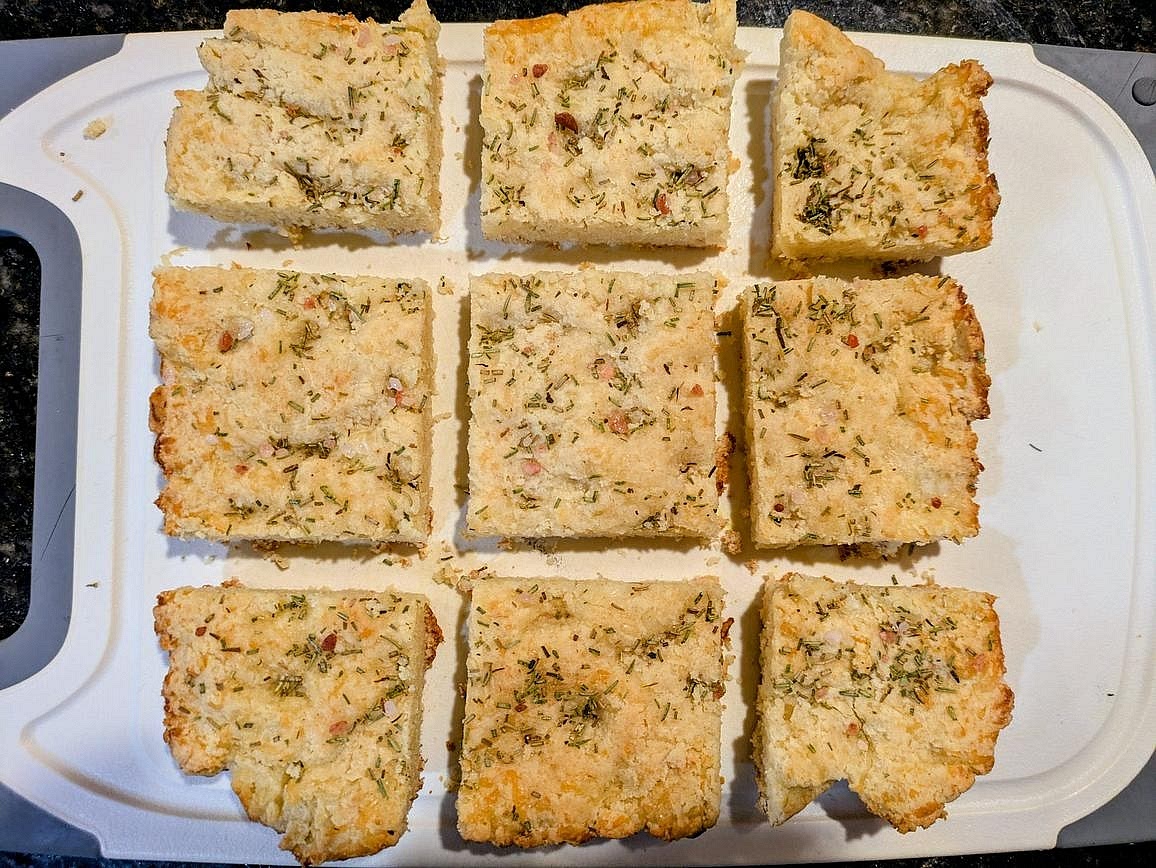 Bake at 350F until puffed and lightly golden brown, about 20 minutes. Allow it to cool totally in the pan before cutting into 9 slices