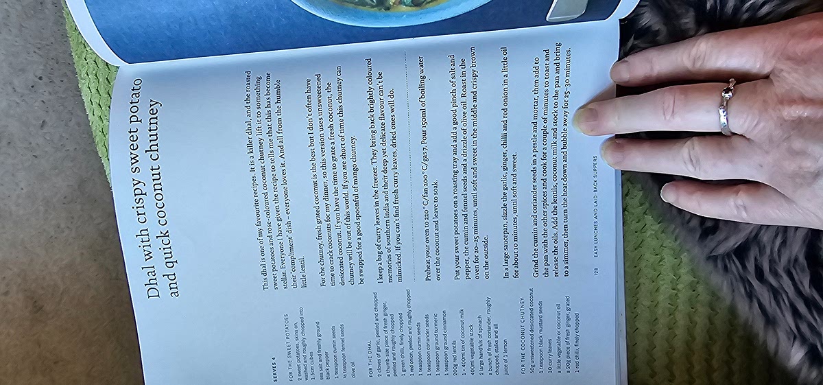 Preheat oven 200oC
Soak coconut in boiling water
Roast cubed sweet potatoes with salt & pepper, cumin, fennel seeds & olive oil. 20-25 mins.
Sizzle garlic, ginger, onion & chilli until soft.
Grind cumin, coriander seeds, add to pan with all spices & toast.
Add lentils, coconut milk & stock.
Simmer for 25-30 mins
Drain coconut.
Fry mustard seeds & curry leaves - 1 min.
Add to coconut with ginger, chilli, salt and pepper.
Add spinach to dhal and wilt.
Add half coriander & lemon juice.
Top with potatos & chutney & coriander