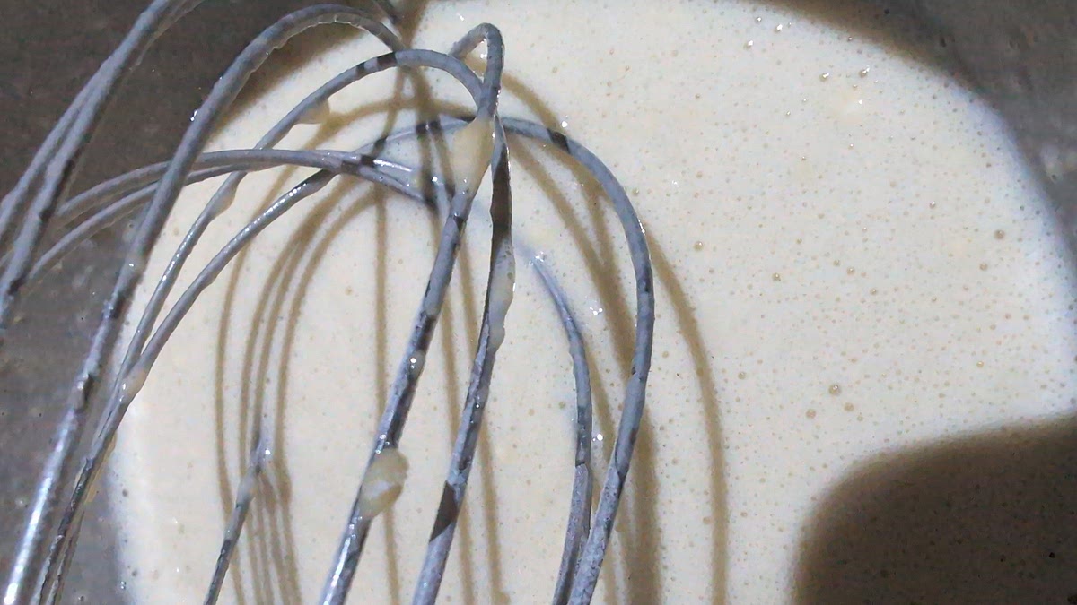 To make the batter, tip 140g plain flour into a bowl and beat in 4 eggs until smooth.