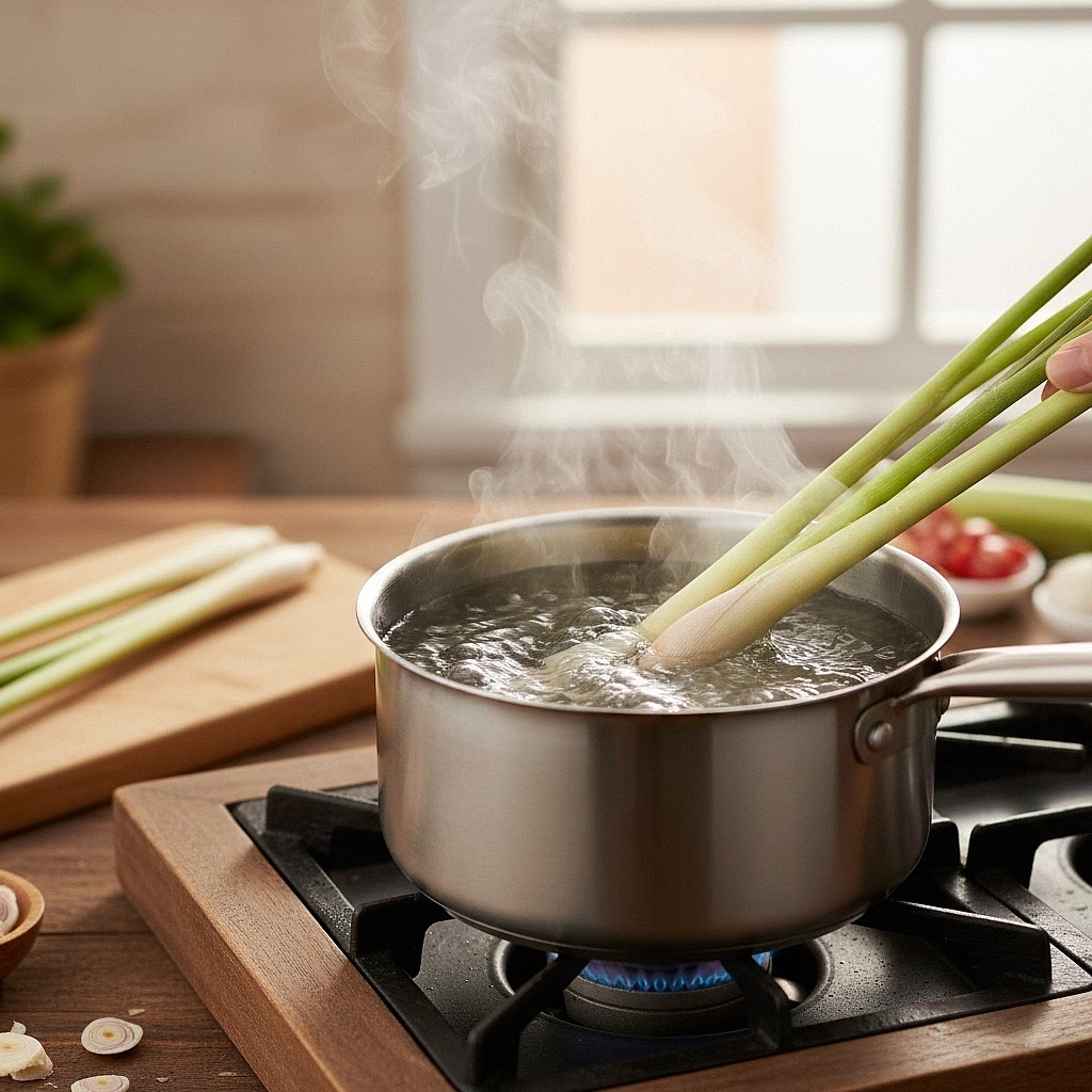 Boil In a small pot, bring the water to a boil. Add the smashed lemongrass stalks.