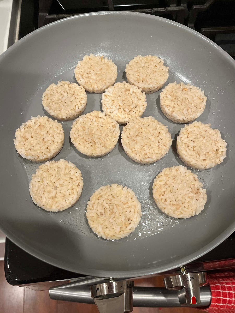 Prep and Serve: Remove rice from freezer, cut into bite sized squares. Drop squares into frying pan with heated oil to fry both sides before serving. Drain on paper towels.