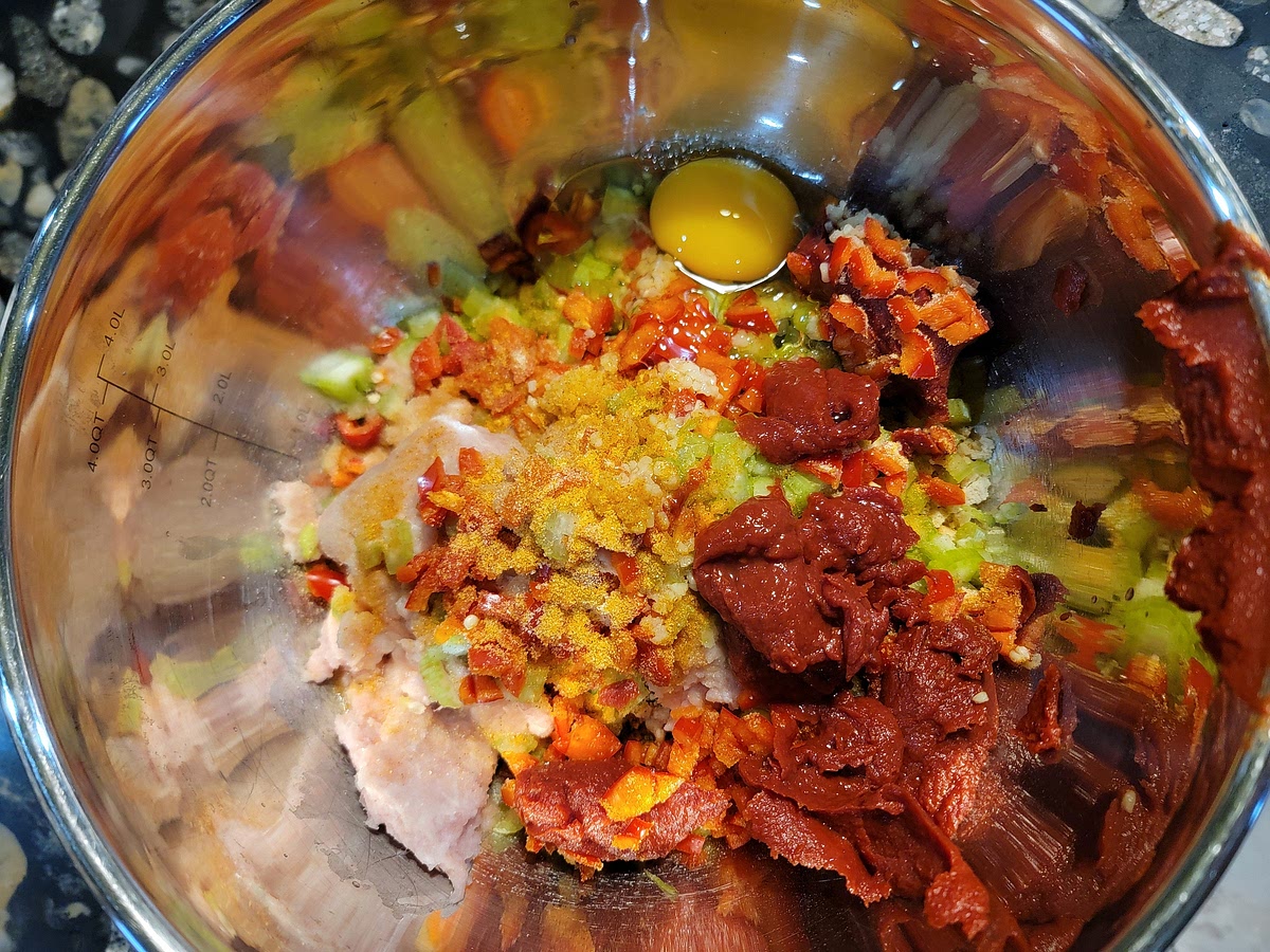 Mix all ingredients in a large bowl , Place In a olive oil greased loaf pan
Cook on 350 degrees for 30-35 min covered with foil, then uncover and bake another 10-15 min. Internal temp reaches 160°F.