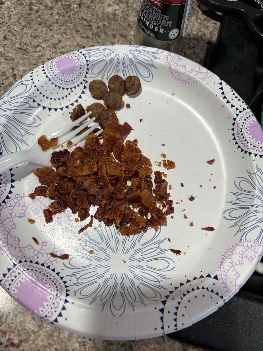 Air fry or bake sausage and bacon. When done crumble bacon and cut up sausage set aside.