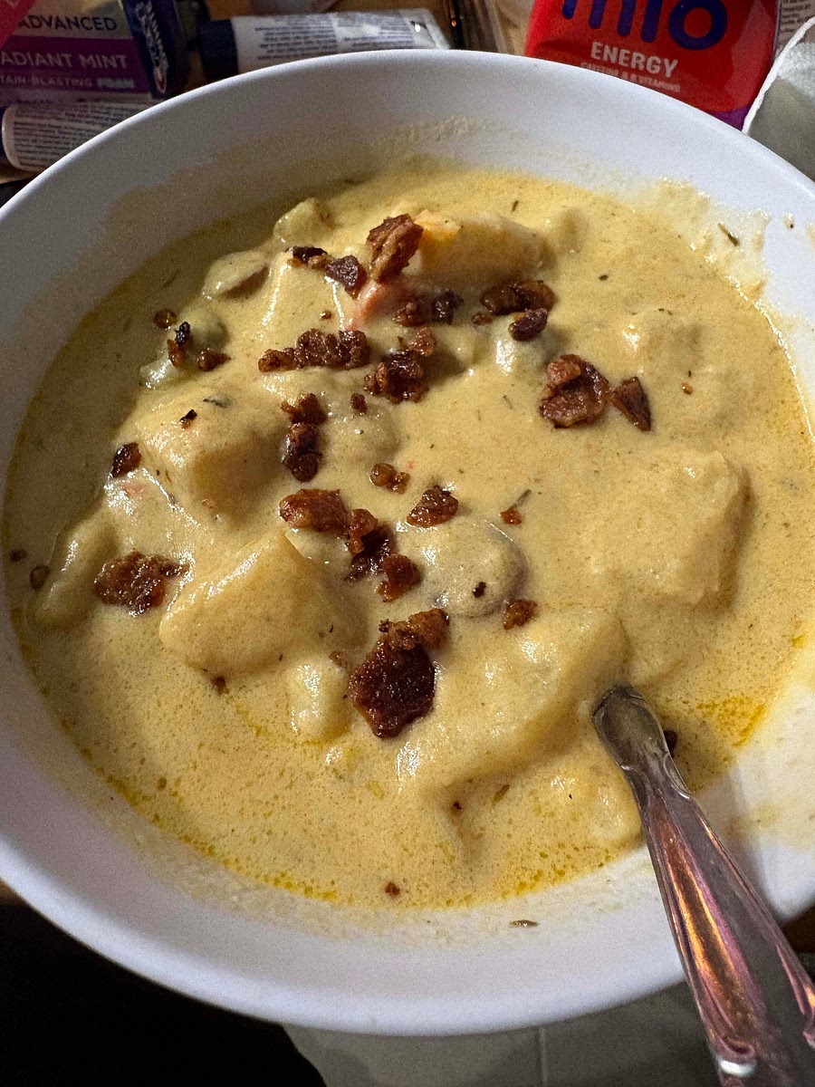 Taste if it needs more seasoning soup soup soup should be creamy and smooth. Serve in bowls top with the crunchy bacon bits.