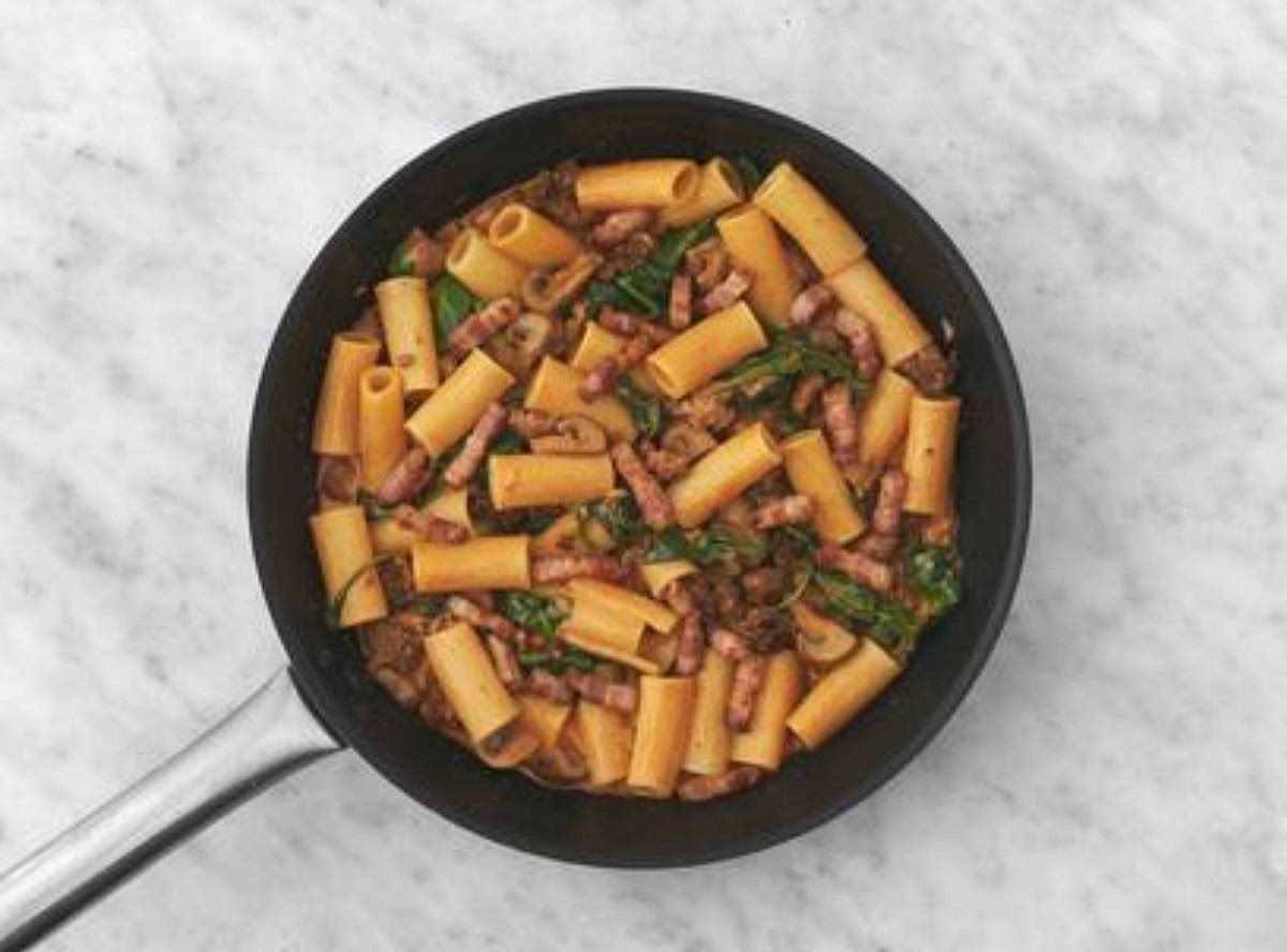 a) Add the spinach to the pan a handful at a time until wilted and piping hot, 1-2 mins. b) Stir the butter (see pantry for amount) into the sauce until melted. c) Stir through the cooked rigatoni, then taste and season with salt and pepper if needed.