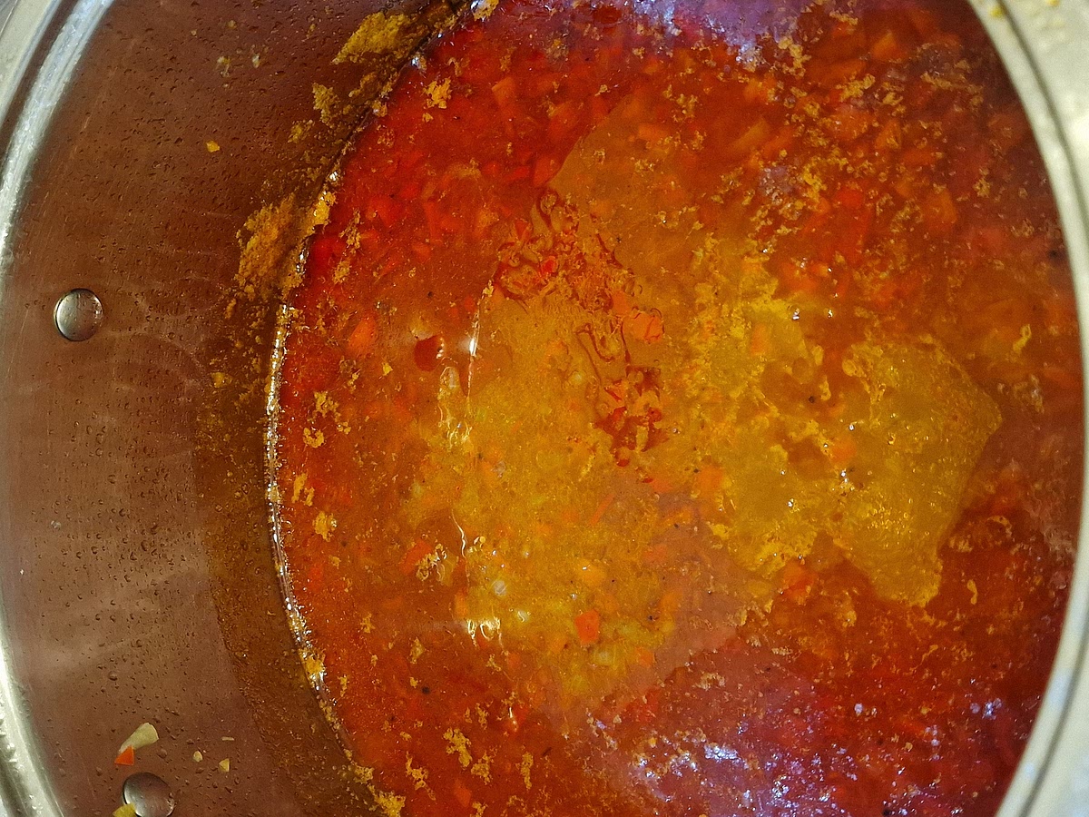 At the end, remove the chicken, add cream and blend everything together with immersion blender. I recommend adding the cream bit by bit. You might use 50 ml, you might end up using 100 ml. It depends on your taste and what you want. The more cream you add, the smoother the taste will be.