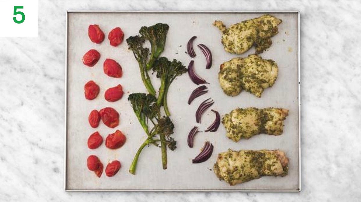 Roast the chicken and veg on the middle shelf of your oven until the veg has so ened and the chicken is slightly golden and cooked through, 16-18 mins.