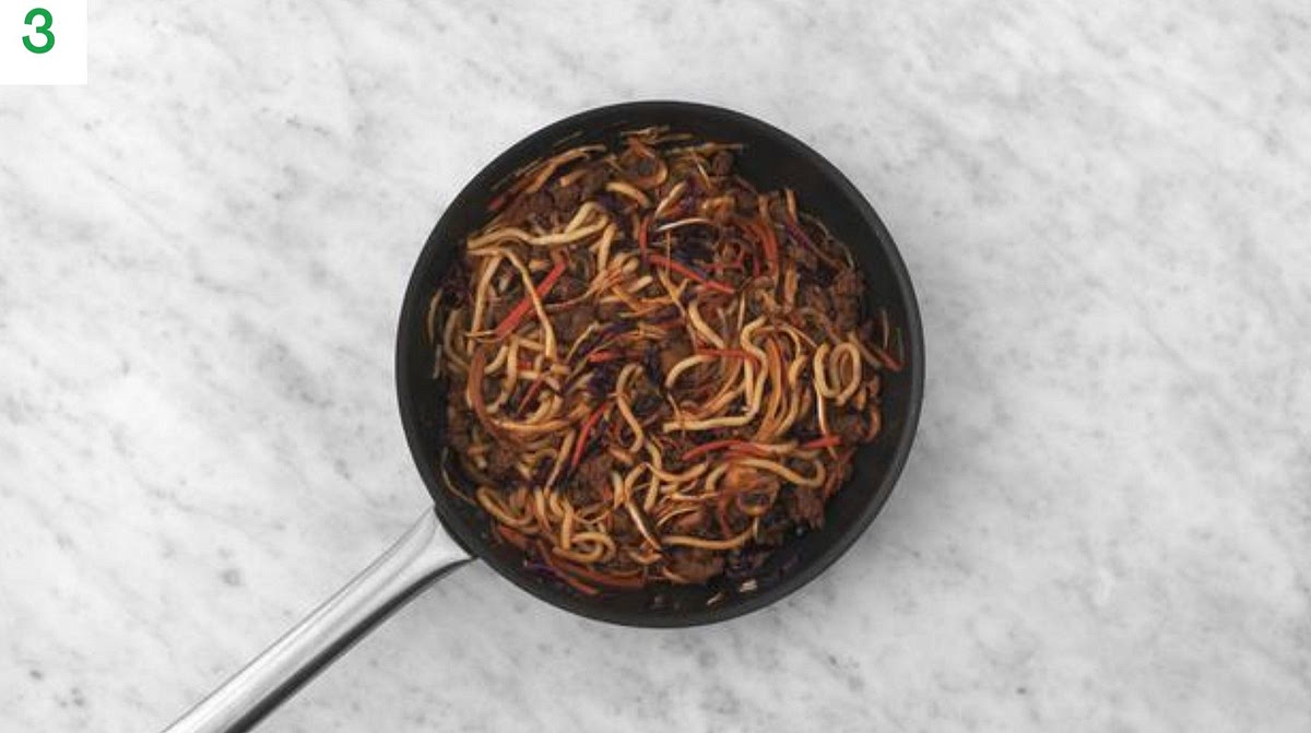 Stir in the teriyaki, sambal, soy, honey and water. TIP: Put hardened honey into hot water for 1 min.
Toss to coat everything in the sauce.
Stir-fry, 1 min more.
Taste and season with salt and pepper if needed.