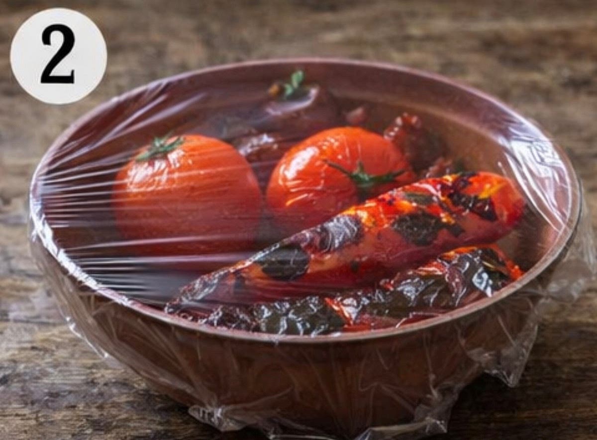 While still hot, place them in a bowl, add salt on top and cover for 10 mins, then peel off the skins. (Make sure to keep the same bowl and the juice that is in it, only remove the skins)