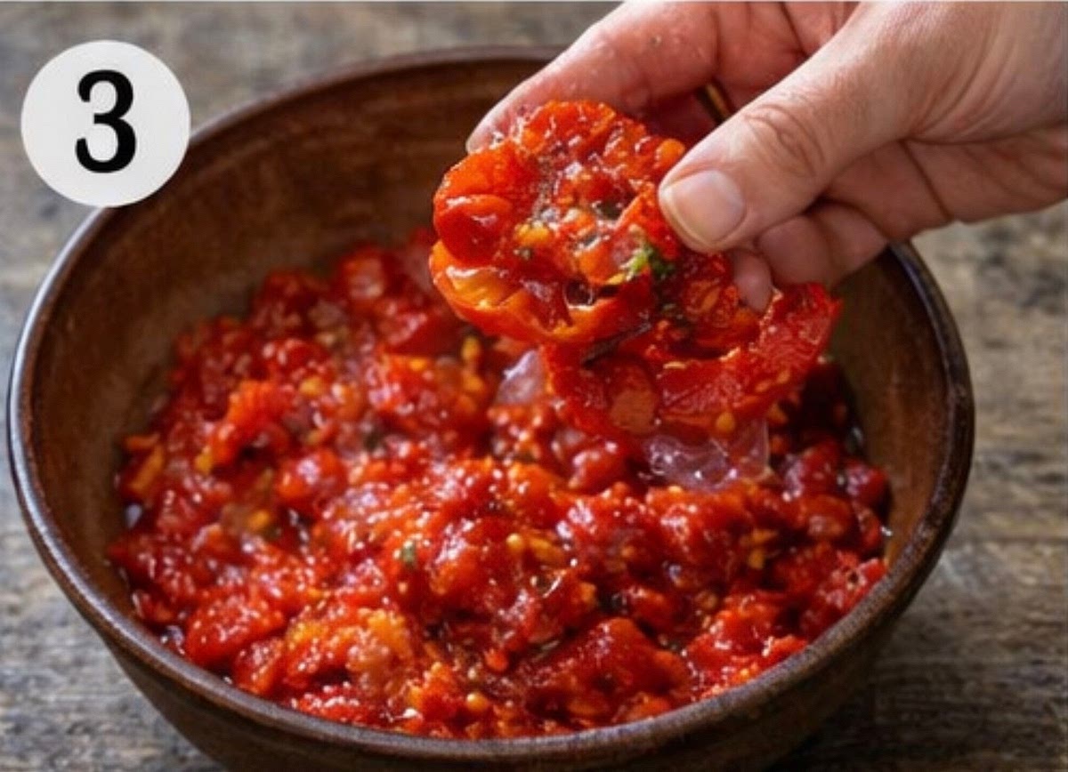 Roughly mash the tomatoes in a bowl using a fork.