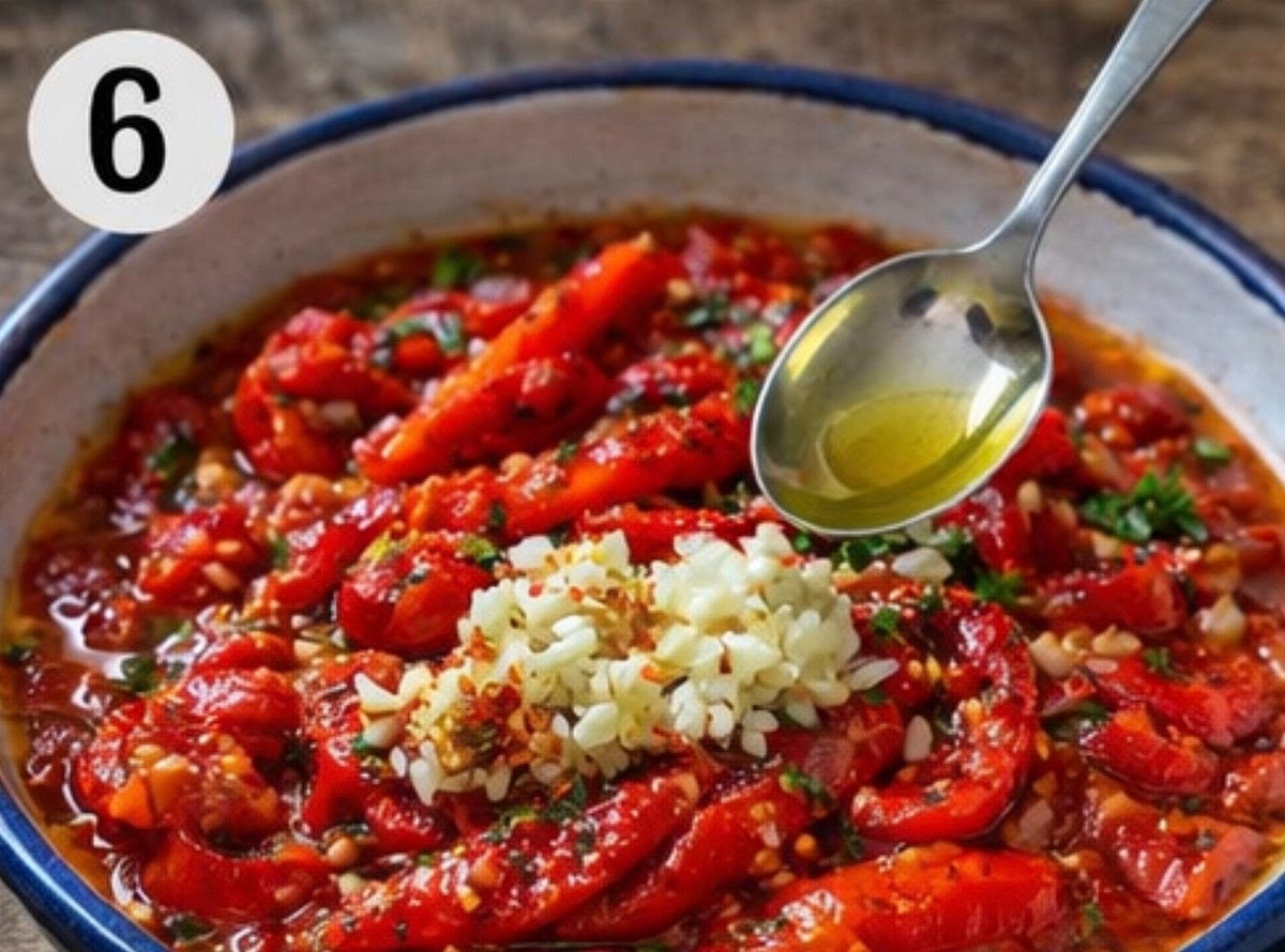 Add the garlic to the bowl with our mixture, then drizzle in the oil.