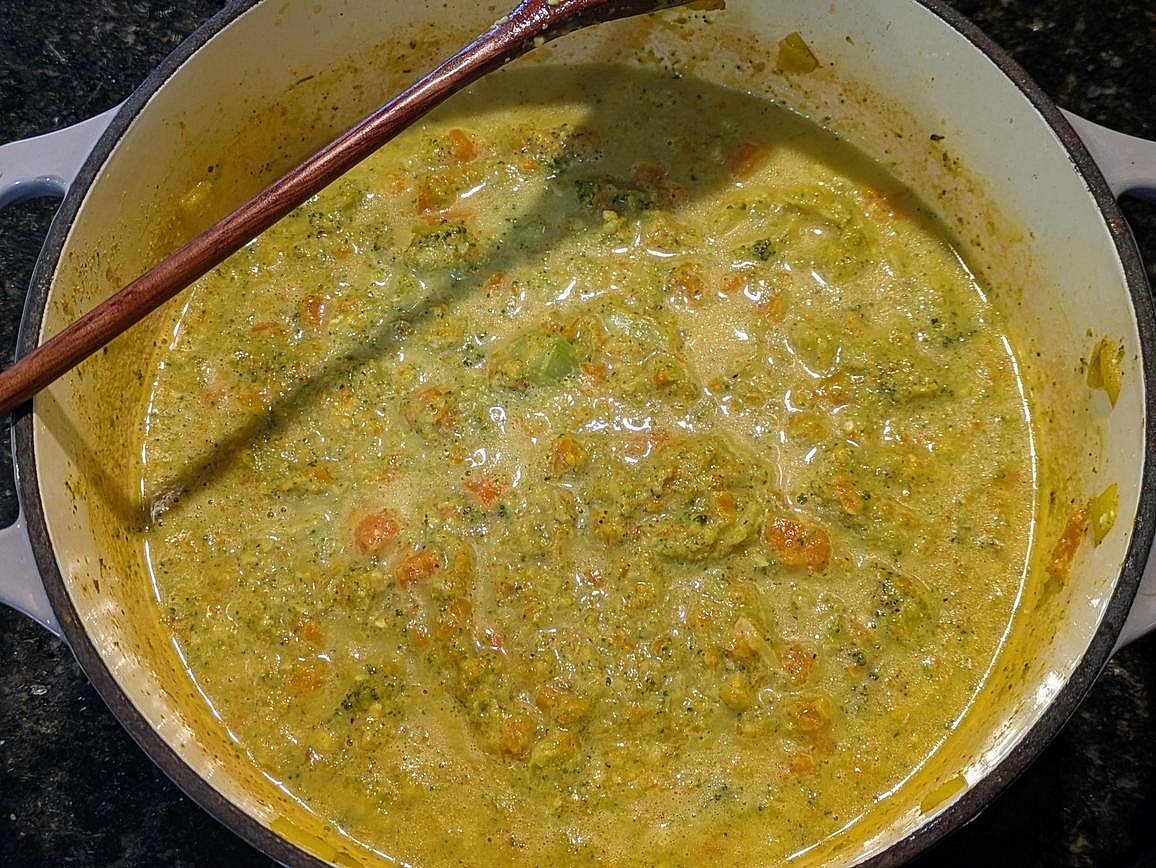 Remove from the heat, and stir in the yogurt and cheese. Optionally puree with an immersion blender to desired consistency. You can leave it fully chunky, blend some of the vegetables, or puree it totally smooth. Season with salt to taste, and serve