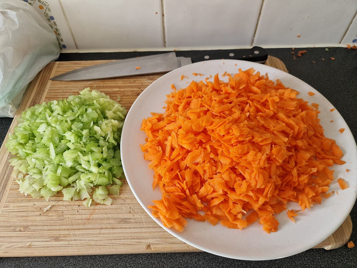 While your onion is frying, you have plenty of time to dice the celery and carrot.
