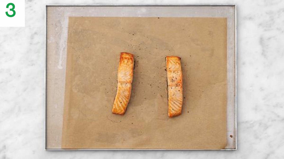 While potatoes bake, lay the salmon fillets, skin-down, onto a lined medium baking tray. Season with salt and pepper, then sprinkle over the remaining roasted spice and herb blend.
Roast the salmon on the top shelf until cooked through, 10-15 mins.