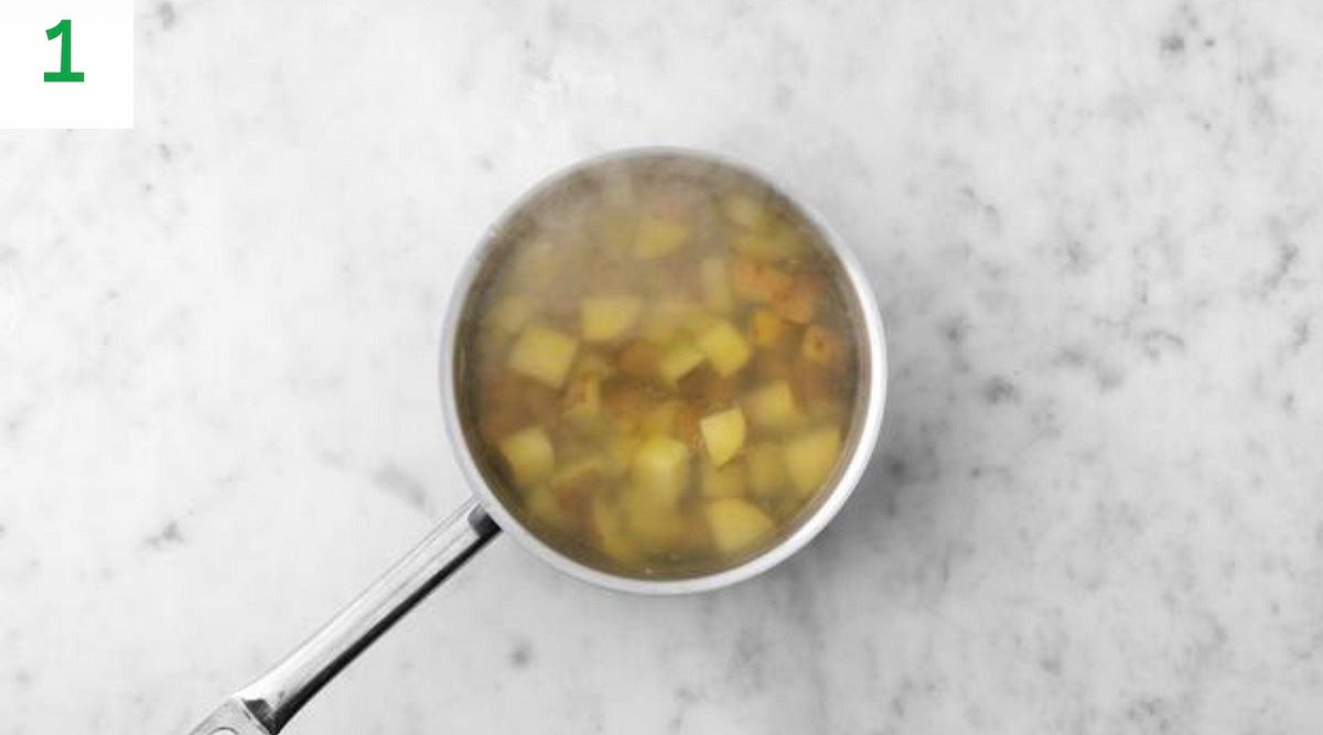 Boil a full kettle.
Chop the potatoes into 2cm chunks (peel first if you prefer).
Pour the boiling water into a large saucepan with ½ tsp salt.
Add the potatoes to the pan and cook until you can easily slip a knife through, 15-18 mins.