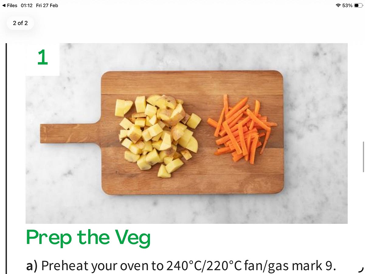 Preheat your oven to 240°C/220°C fan/gas mark 9.
Boil a full kettle.
Chop the potatoes into 2cm chunks (peel first if you prefer). Trim the carrots, then cut into roughly 1cm wide, 5cm long batons (no need to peel). Peel the garlic cloves but leave them whole.
Pour the boiling water into a large saucepan with ½ tsp salt.
Add the potatoes and garlic cloves to the water and cook until you can easily slip a knife through, 15-18 mins.