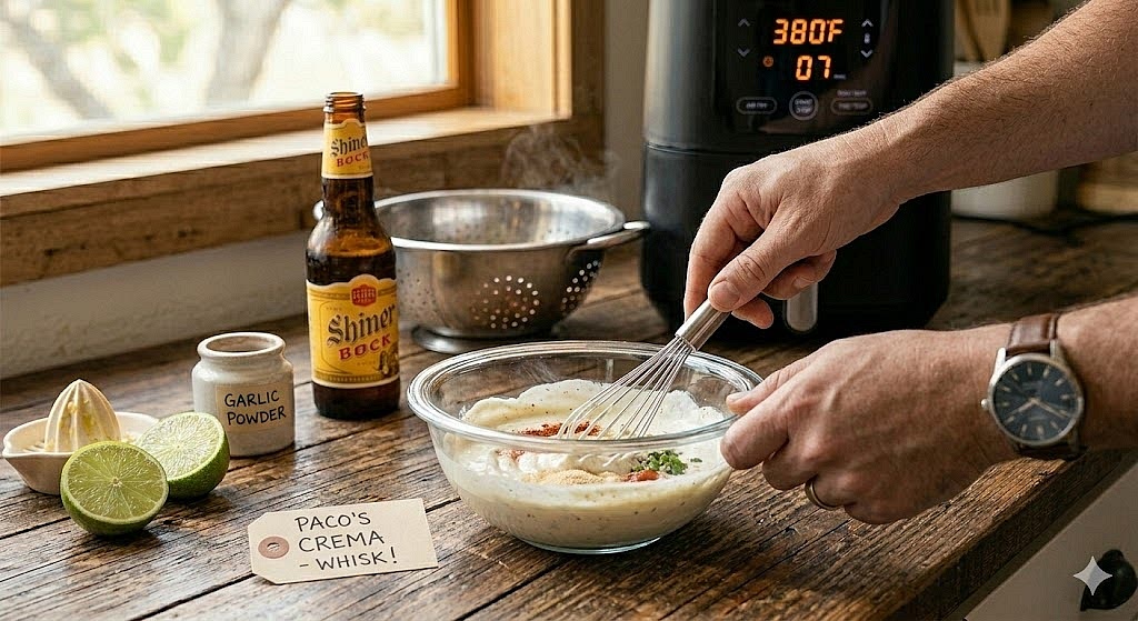 While the batches are running, whisk the Spicy Crema ingredients together.