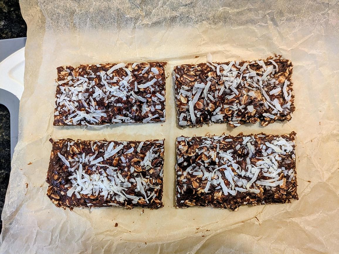 Chill in the fridge for at least 2 hours before slicing into bars. Wrap each bar in parchment paper, and store in an airtight bag in the fridge or freezer