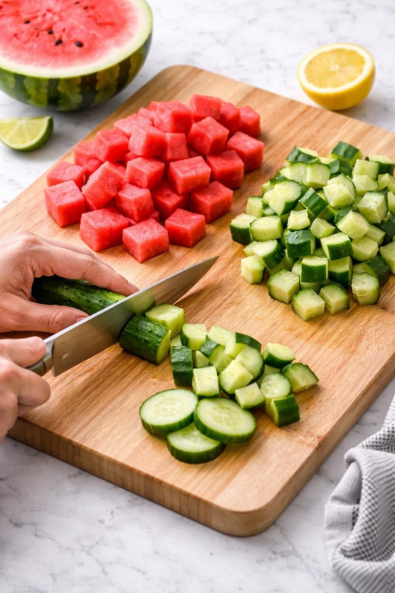 Cut the watermelon and cucumber into small pieces.