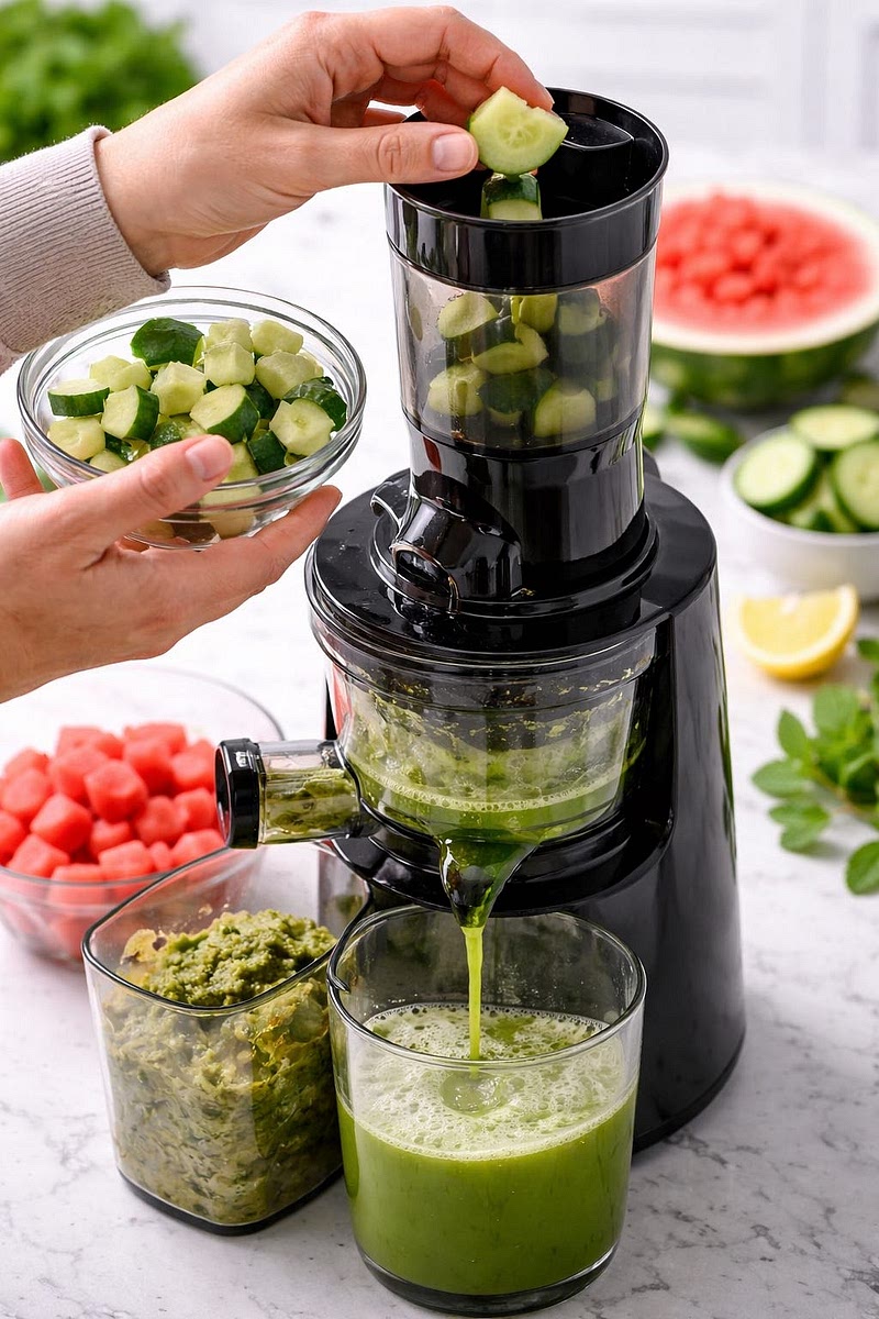 Feed the cucumber into the slow juicer first.