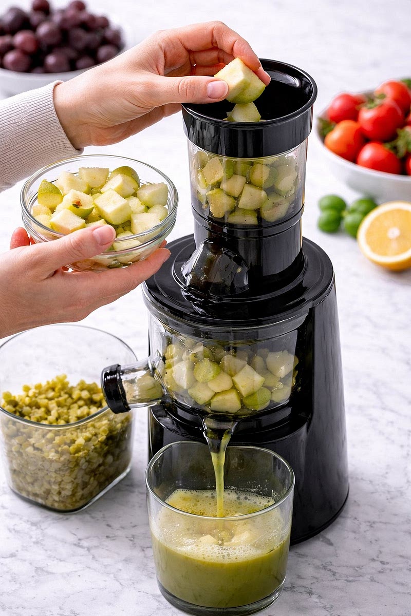 Feed the pear into the slow juicer first.