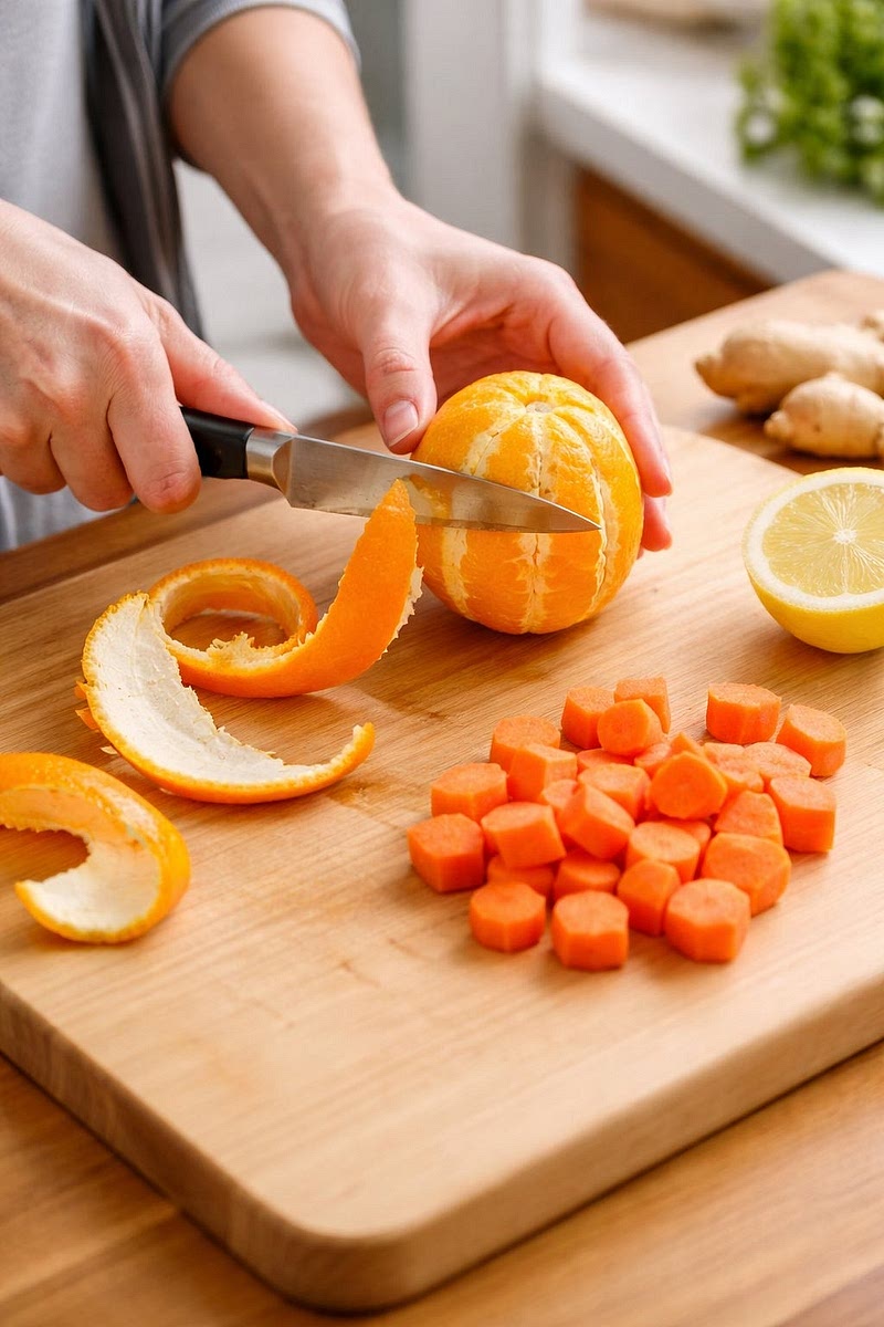 Peel the orange and cut the carrot into small pieces.