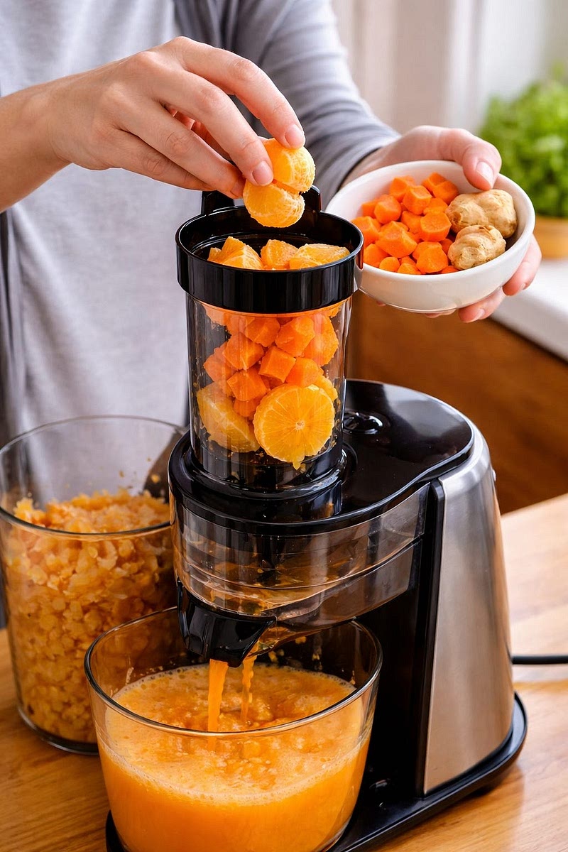 Feed into the slow juicer in this order: orange → carrot → ginger.