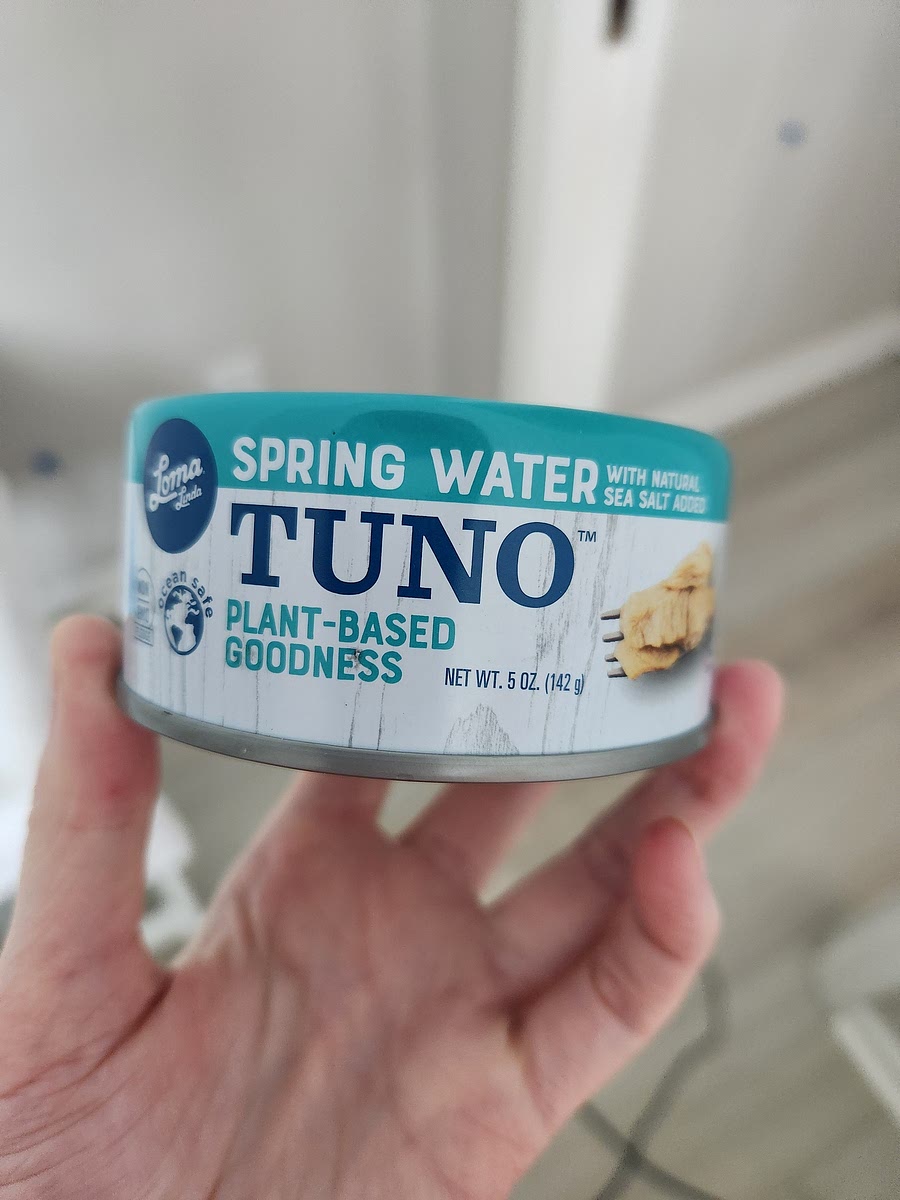 Drain cans of vegan tuna, I used Tuno vegan tuna cans (5oz each). I bet you could substitute tvp soaked in broth with dried seaweed, then drain and remove seaweed.